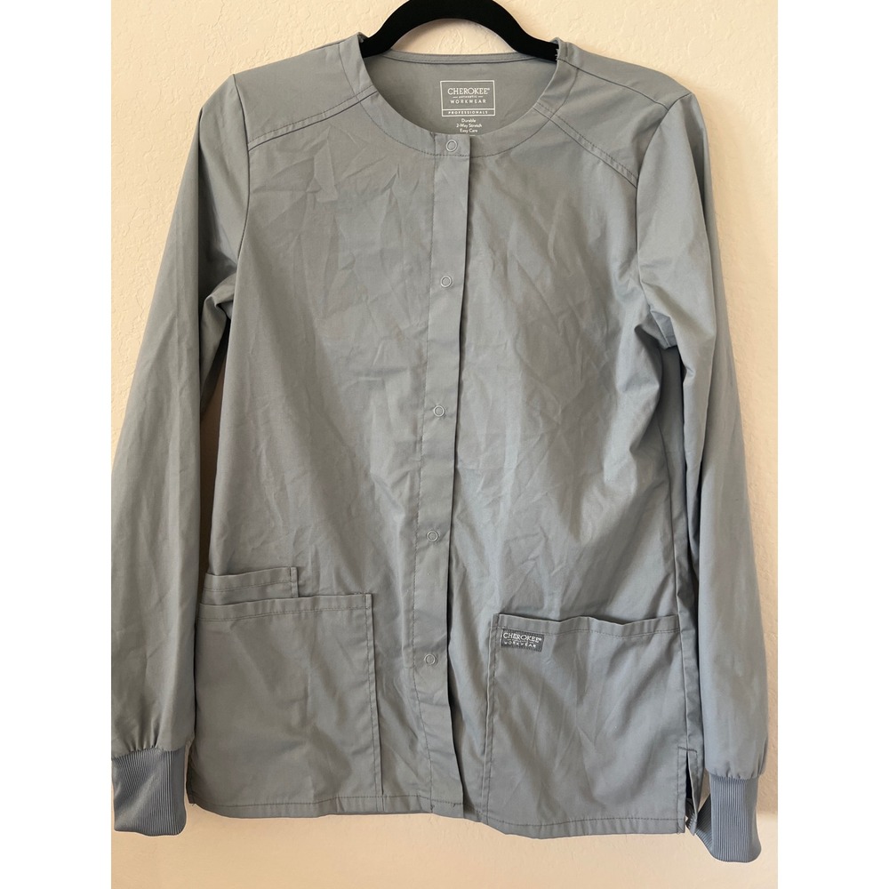 Cherokee Workwear Professionals Women Gray Snap Front Scrub Jacket  XS NEW